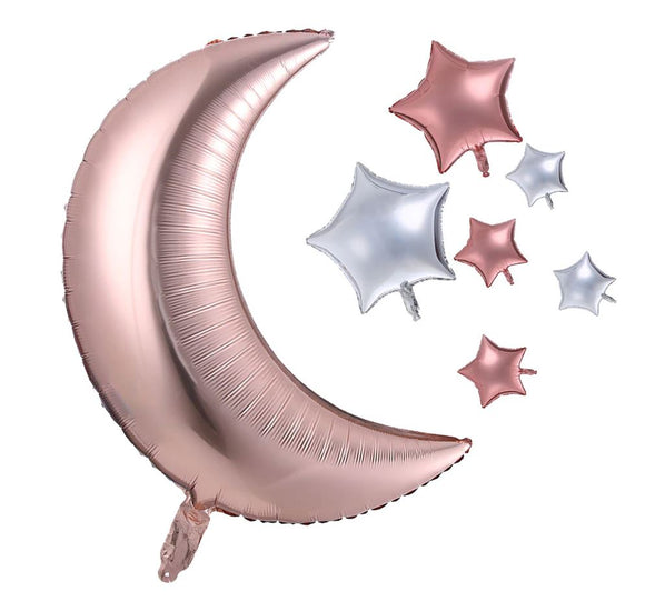 Balónek fóliový Měsíc s hvězdami (7 ks) - růžovo zlatá